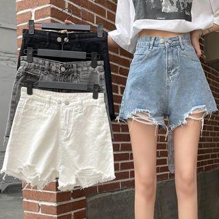 High-waist A-line Wide-cuff Ripped Denim Shorts
