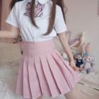 Short-sleeve Shirt / Bow Tie / Mini Pleated Skirt / Set