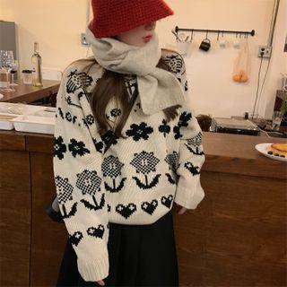 Long-sleeve Floral Sweater Almond - One Size