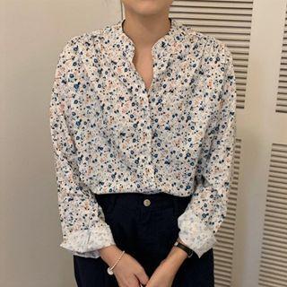Puff-sleeve Floral Shirt White - One Size