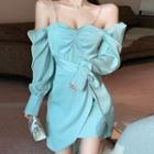 Long-sleeve Beaded Strap Wrap Mini Sheath Dress