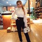 Set: Lace Panel Long-sleeve Top + High Waist Straight-cut Pants