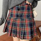 Collared Sweater / Plaid Pleated Mini A-line Skirt