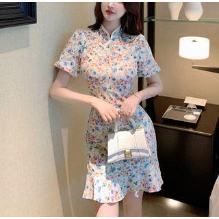 Short-sleeve Floral Mini Sheath Qipao Dress