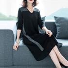 V-neck Long-sleeve Midi A-line Mesh Dress