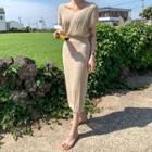Set: V-neck Cap-sleeve Pointelle-knit Top + Long Skirt One Size