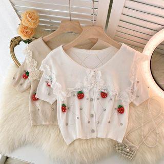 Lace Lapel Strawberry-accent Knit Short-sleeve Top