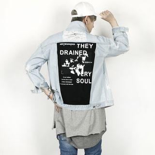 Printed-back Distressed Denim Jacket