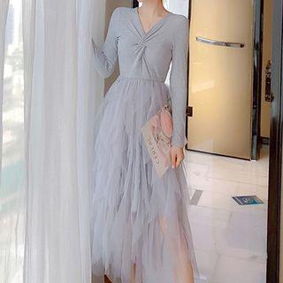Long-sleeve Mesh-panel Layered Dress