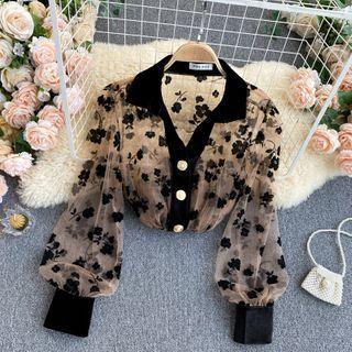 Mesh Print Panel Velvet Puff-sleeve Top Black - One Size