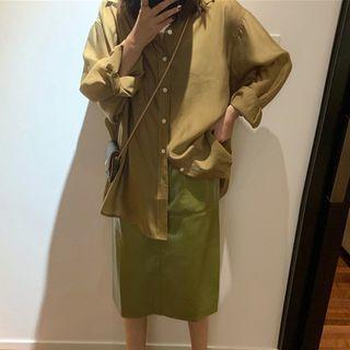 Long-sleeve Shirt / Faux Leather Midi A-line Skirt