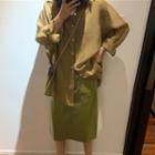 Long-sleeve Shirt / Faux Leather Midi A-line Skirt