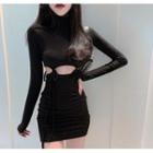 Long-sleeve Cutout Mini Bodycon Dress Black - One Size