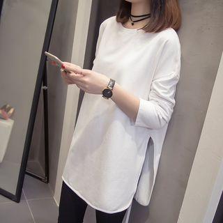 Side Slit Long-sleeve T-shirt White - One Size