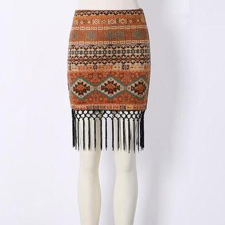 Fringe-trim Printed Pencil-cut Skirt