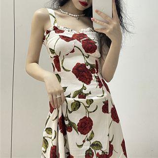 Spaghetti Strap Ruffle Trim Flower Print Midi Dress