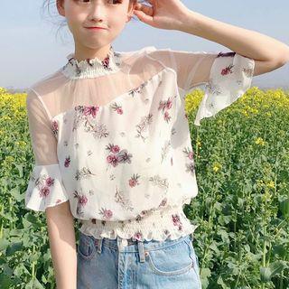 Mesh Panel Flower Print Elbow-sleeve Top