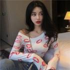 Long-sleeve Lip Print Top White & Red - One Size
