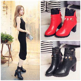 Lace Panel Studded Heeled Short Boots