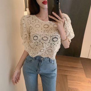 Eyelet Lace Short-sleeve Blouse Beige Almond - One Size