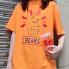 Short-sleeve Bear Print T-shirt Tangerine Red - One Size