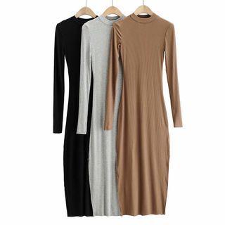 Long-sleeve Plain Slit Midi Bodycon Dress