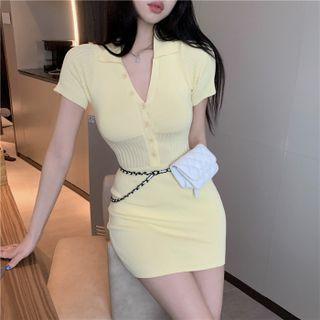 Short-sleeve Button-up Knit Mini Sheath Dress