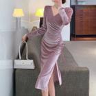 Long-sleeve V-neck Drawstring Slit Velvet Midi Sheath Dress