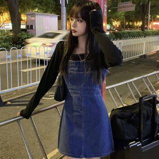 Long-sleeve T-shirt / Denim Mini Overall Dress