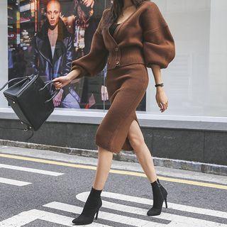 Set: Balloon-sleeve Cardigan + Knit Midi Pencil Skirt