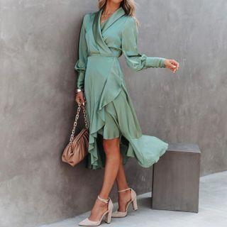 Plain Ruffle Hem Midi A-line Dress