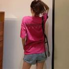 Short-sleeve Lettering T-shirt Fuchsia - One Size