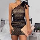 Dotted Mesh One-shoulder Mini Bodycon Dress