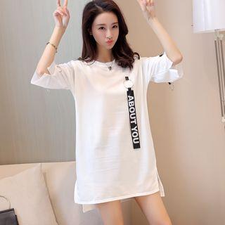 Elbow Sleeve Crewneck Letter Belt Accent T-shirt