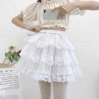 Lace Trim High-waist Tiered Skirt