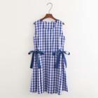 Sleeveless Check Bow-accent A-line Dress Blue - One Size