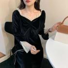Velvet V-neck Long-sleeve Dress Black - One Size