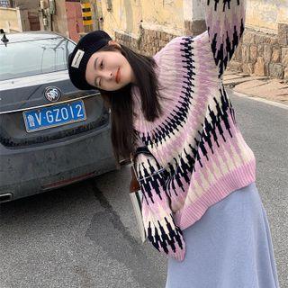 Round Neck Pattern Sweater Pink - One Size