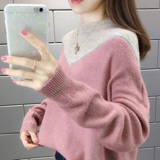 Mock-neck Two Tone Knit Top