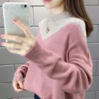 Mock-neck Two Tone Knit Top