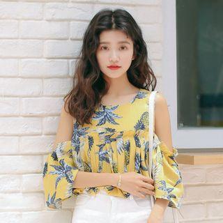 Pineapple Print Cut Out Shoulder Elbow Sleeve Chiffon Top