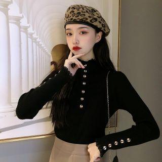 Buttoned Lace-trim Mock Two-piece Knit Top