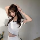 Short-sleeve Contrast Trim Crop Top White - One Size