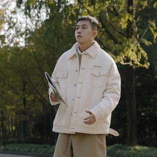 Lettering Fleece Collar Button-up Jacket