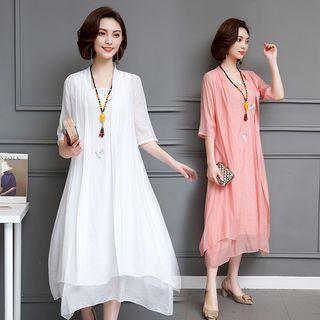 Set: Embroidered Midi Tank Dress + Elbow-sleeve Jacket