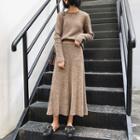 Set: Plain Sweater + Midi High-waist Knit Skirt