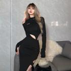 Long-sleeve Mock-neck Cutout Slit Midi Sheath Dress