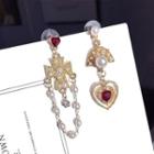 Non-matching Faux Pearl Heart Cross Dangle Earring 1 Pair - Steel Stud - Gold - One Size