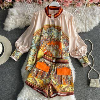 Set:floral Print Long Sleeve Top+floral Print Shorts