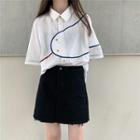 Elbow-sleeve Oversized Shirt / Ripped Mini Denim Skirt